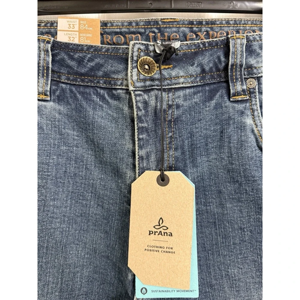 NEW Prana Axiom Jeans Men's 33x32 Stretch Straight Leg Stone Wash Performance